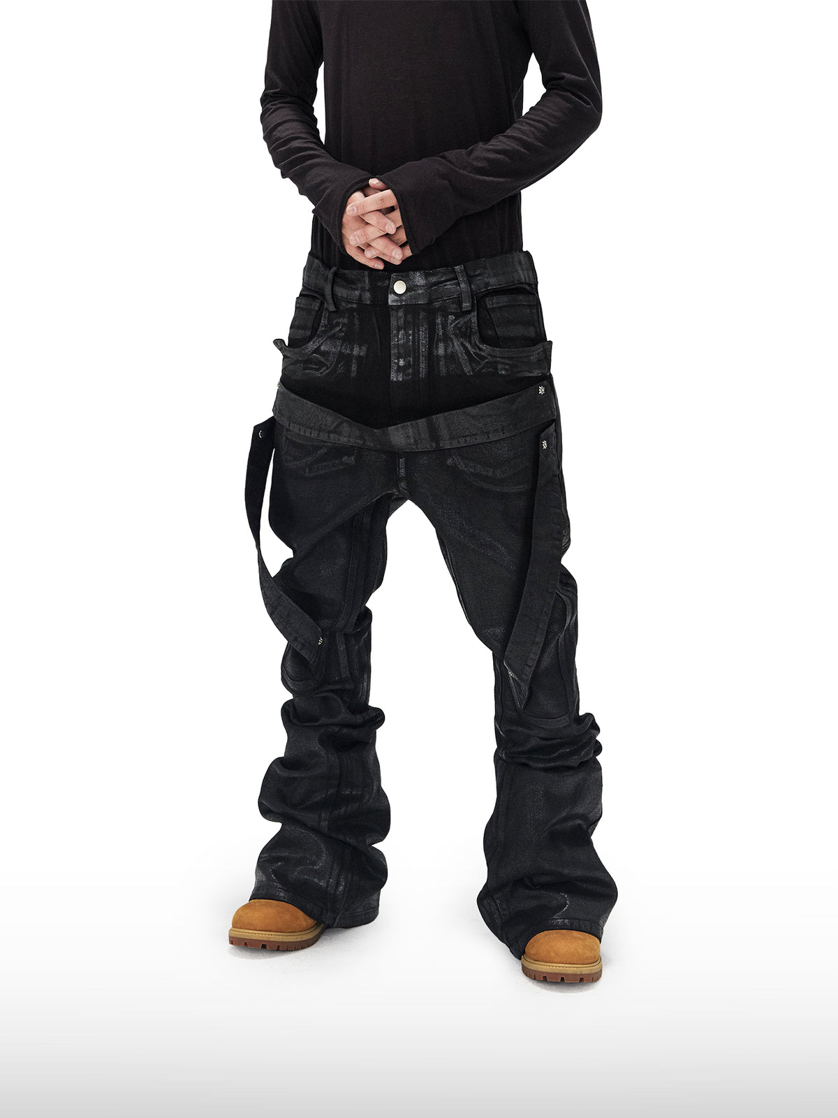 Gecoate jeans met bandjes en wijde pijpen