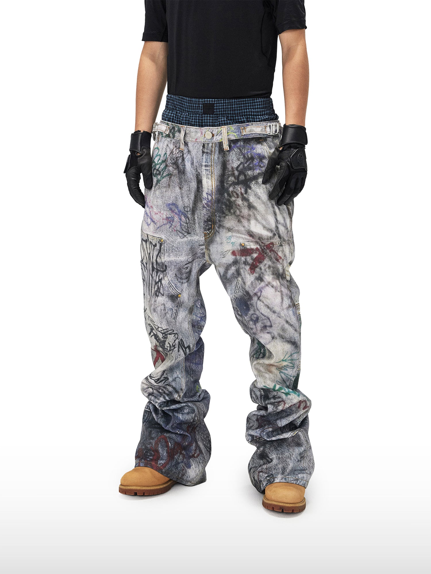 Graffiti-jeans met gelaagde tailleband