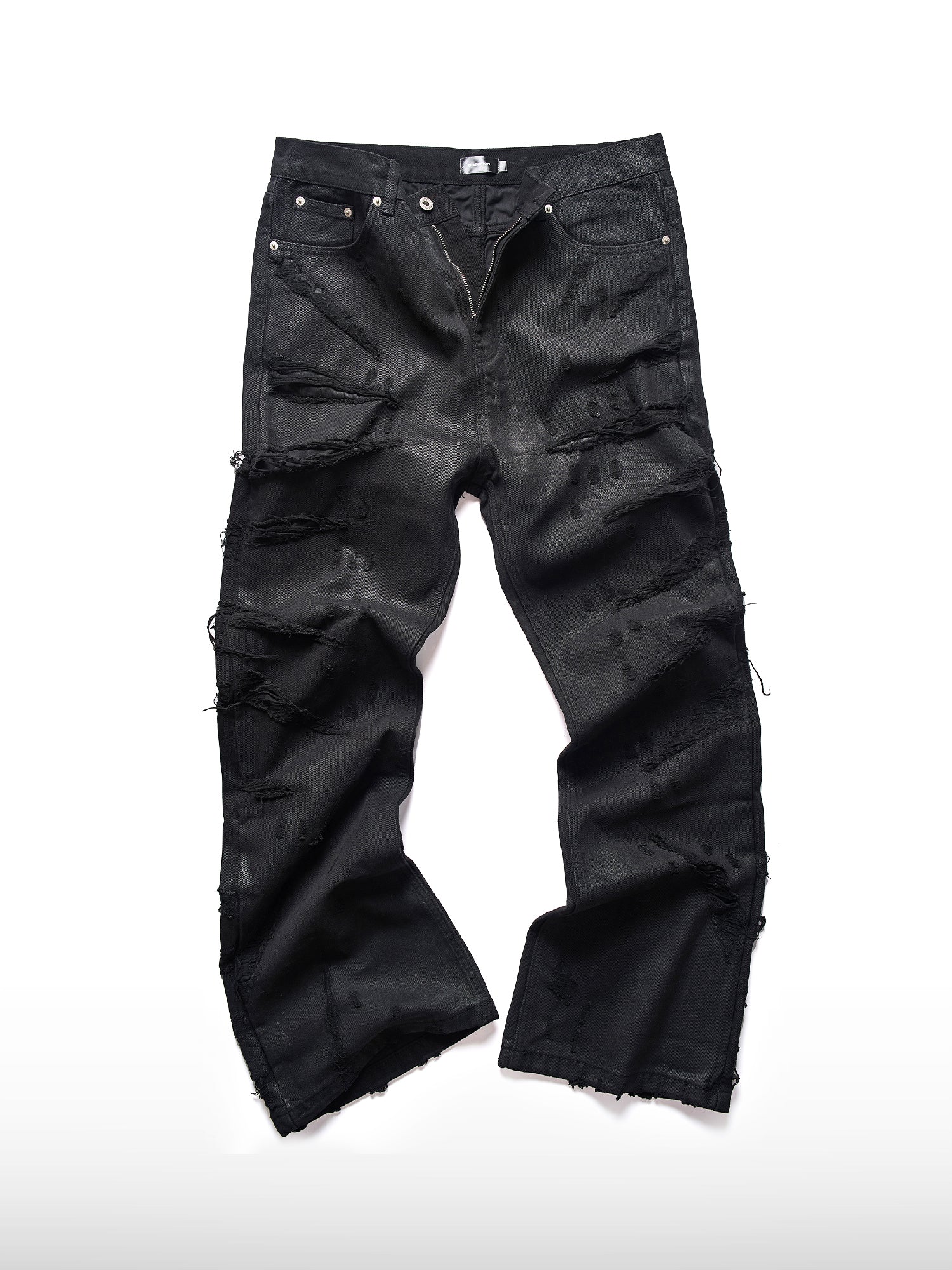 Slashed Waxed Flare Jeans