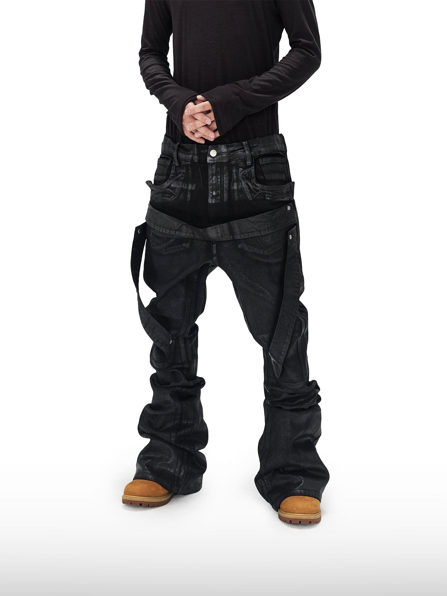 Gecoate jeans met bandjes en wijde pijpen