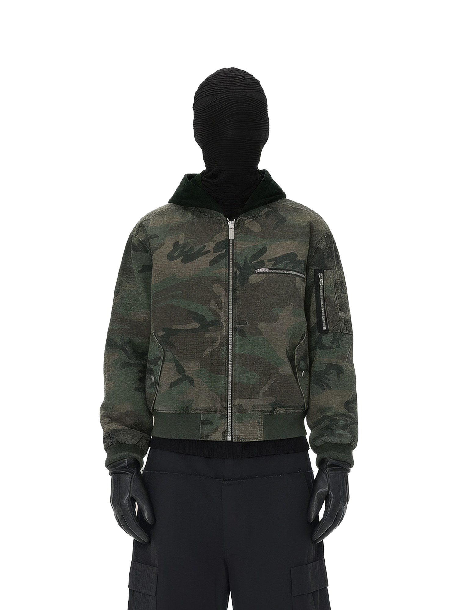 Camouflage jacket with black balaclava and gloves on a white background