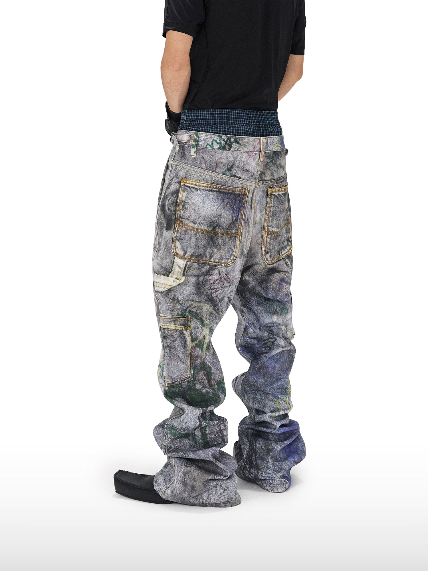 Graffiti-jeans met gelaagde tailleband