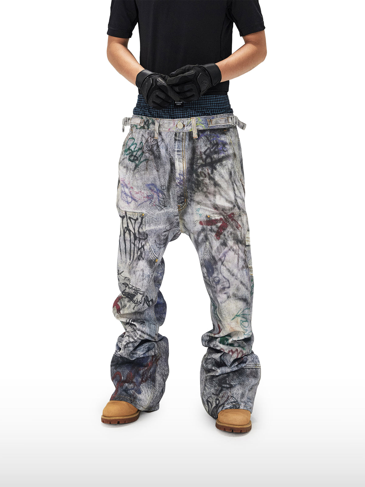 Graffiti-jeans met gelaagde tailleband