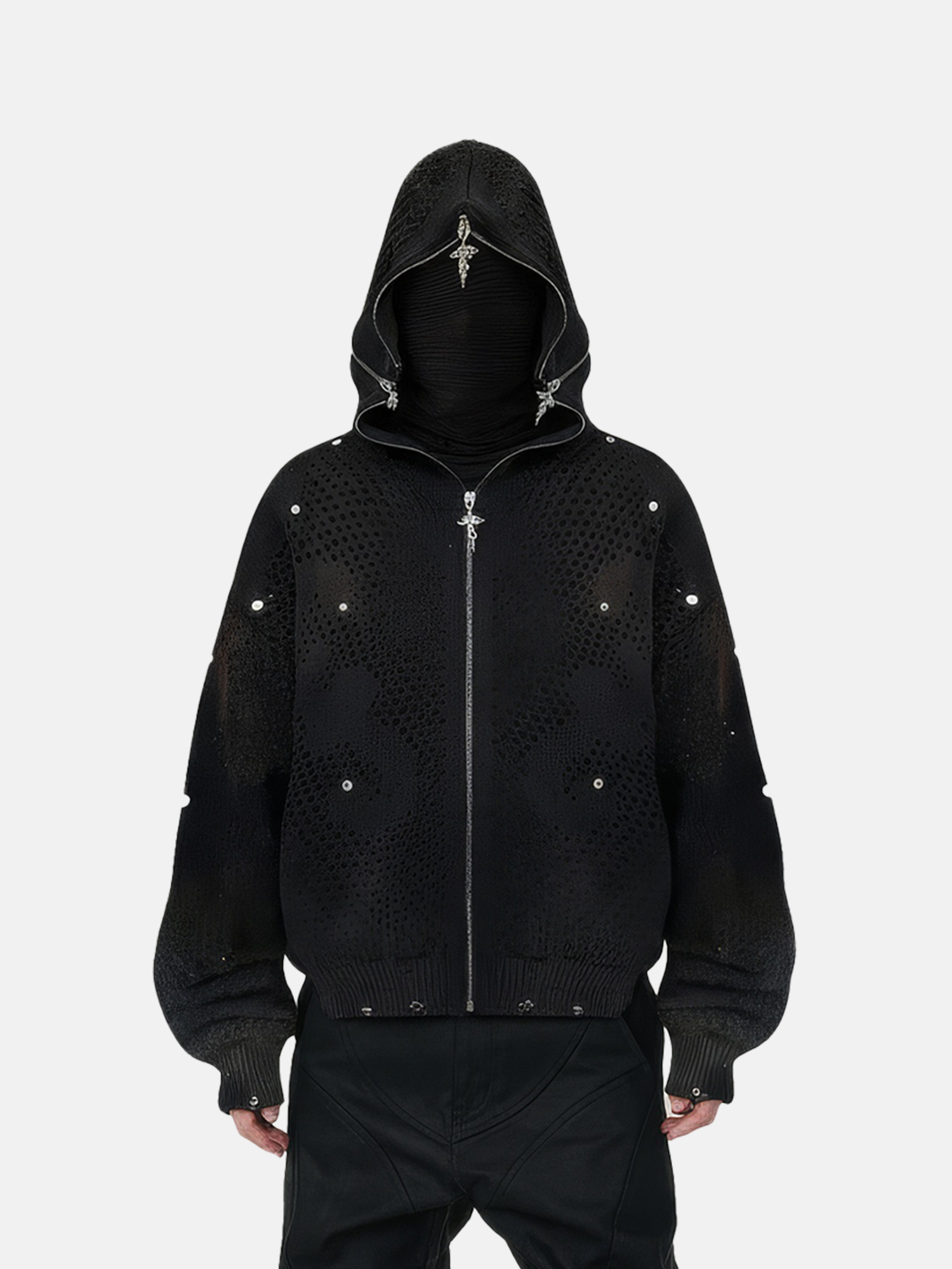 Black hooded jacket with chain details on a white background